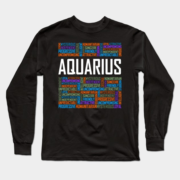 Aquarius Zodiac Words Long Sleeve T-Shirt by LetsBeginDesigns